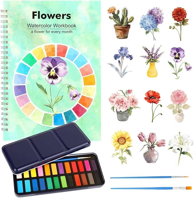Floral Watercolor Workbook for Beginners with 24 Colors Paint Set – Water Coloring Book with 12 Flower Designs, Step-by-Step Painting Guide, Relaxing Watercolor Workbook Art Kit for Adults Teens