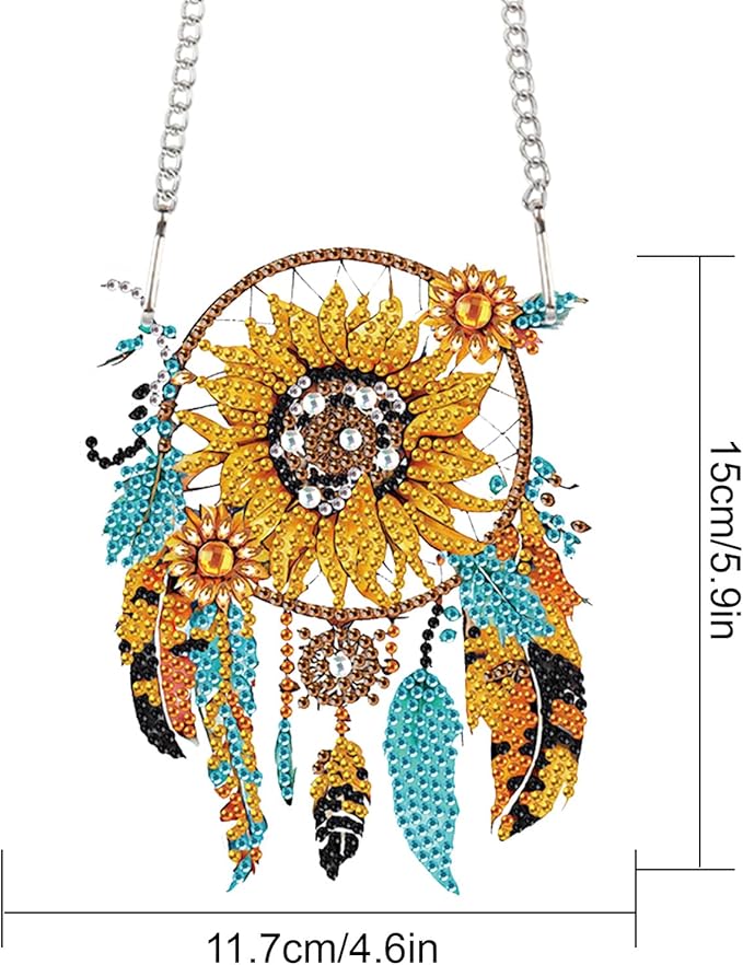 AiYuanzsh Sunflower Dream Catcher Diamond Painting Kit Ornament with Hanging Chain DIY Diamond Art Hanging Pendant Paint by Number Stained Glass Wall Art for Adults Home Wall Decor Gift