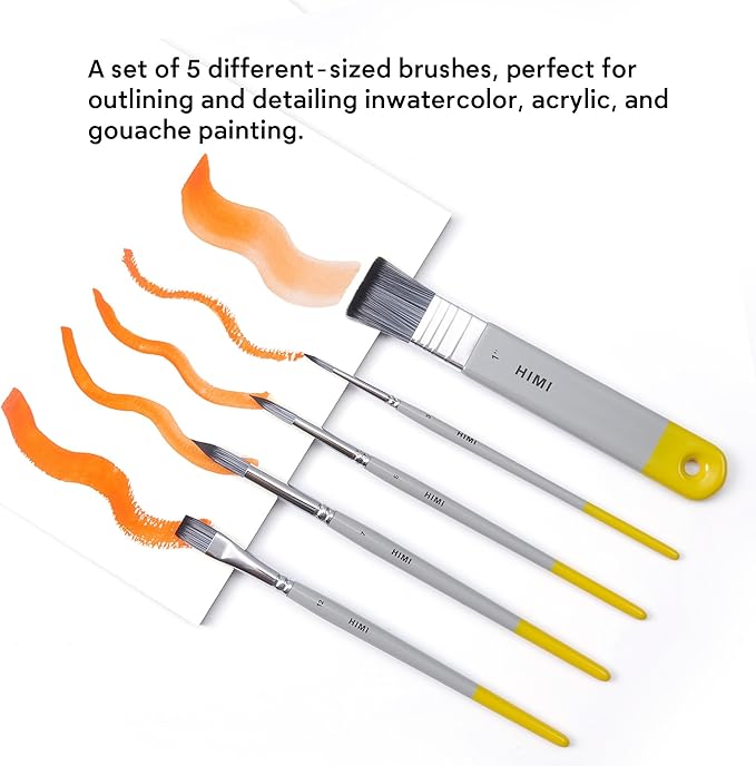 HIMI Watercolor Paint Brush Set, 5 Pcs – 1 Flat, 3 Round, 1 Wide Flat – Professional & Beginner Artist Paint Brushes for Watercolor, Unique Design Gift for Art Lovers