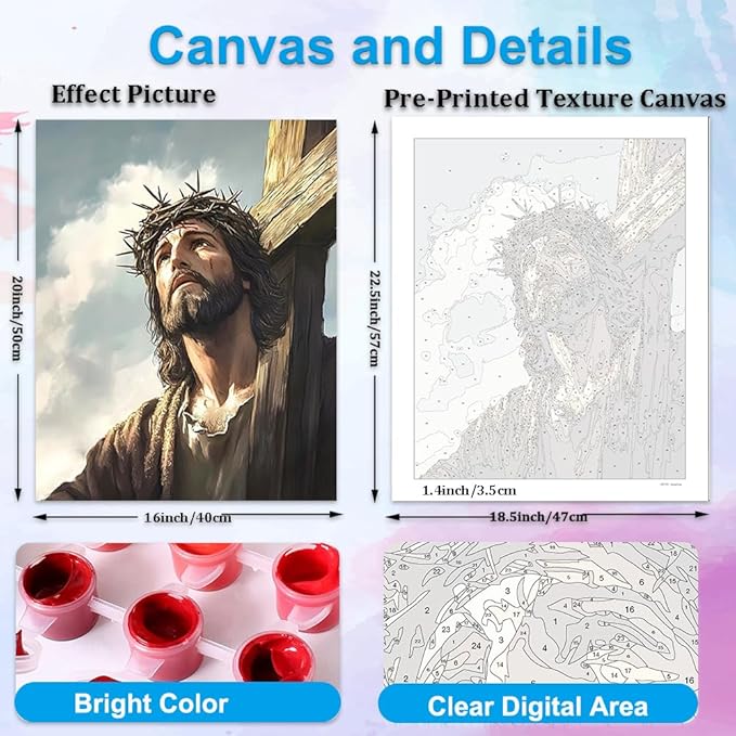 Artunion Jesus Cross Paint by Numbers Kit for Adults,Religious Christians Paint by Number Kits, DIY Oil Painting Paint by Number Kits on Canvas Arts Craft for Home Wall Decor 16x20 Inch