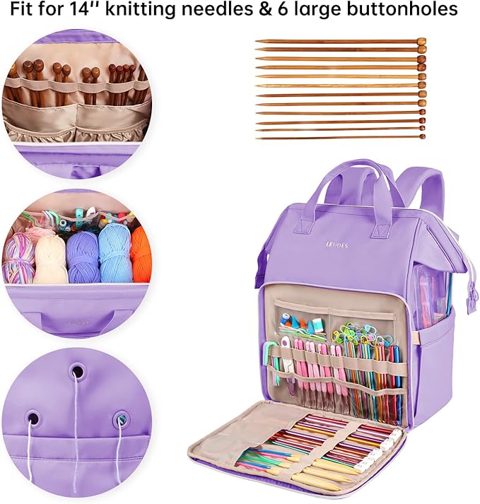Leudes Knitting Bag Backpack,Yarn Storage Organizer Large Crochet Bag Tote Christmas Gift Yarn Holder Case for Carrying Projects,Knitting Needles (Purple)