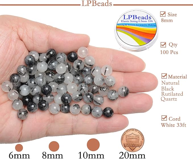 LPBeads 100pcs Polished 8mm Round Natural Black Rutilated Quartz Gemstone Loose Beads with Stretch Cord for Jewelry Making Bracelets