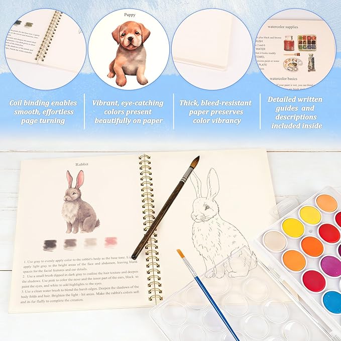 Watercolor Workbooks ，24 Colors Water Books Paint Set，Watercolor Coloring Book for Beginners Art Crafts Painting Kit Nature Scenes Paint Set for Creative Exploration Gift for Adults Teens (Animals)