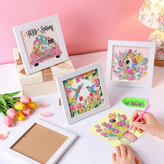 Geyoga 4 Pcs Spring Diamond Painting Kits with Frame Spring Tulip Flower Gnome Diamond Art Kits for Adults Beginner Kids DIY Arts and Crafts Crystal Rhinestone Gem Art Table Decor Gift 7 x 7 Inch