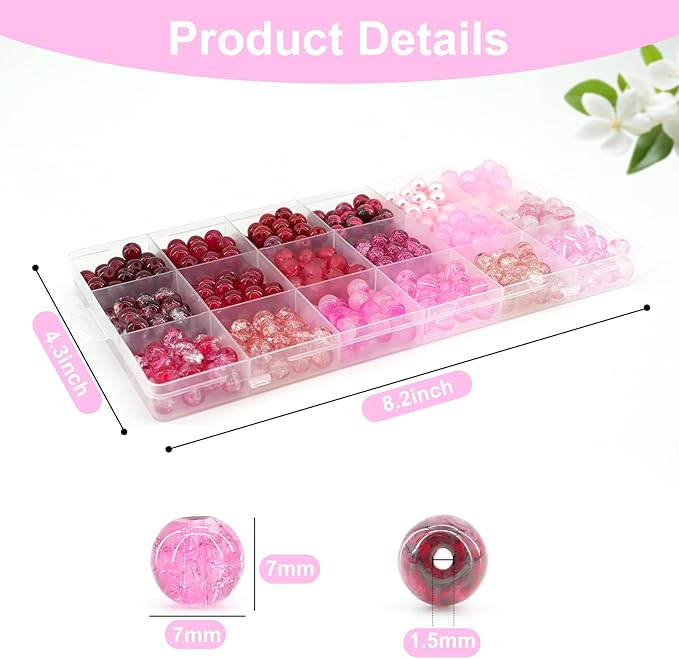 Hanyoung Valentines 8mm Glass Beads for Bracelet,18 Colors 450 pcs Red and Pink Beads for Jewelry Making kit, Crystal Glass Round Beads for DIY Crafts Gifts (Red Color)