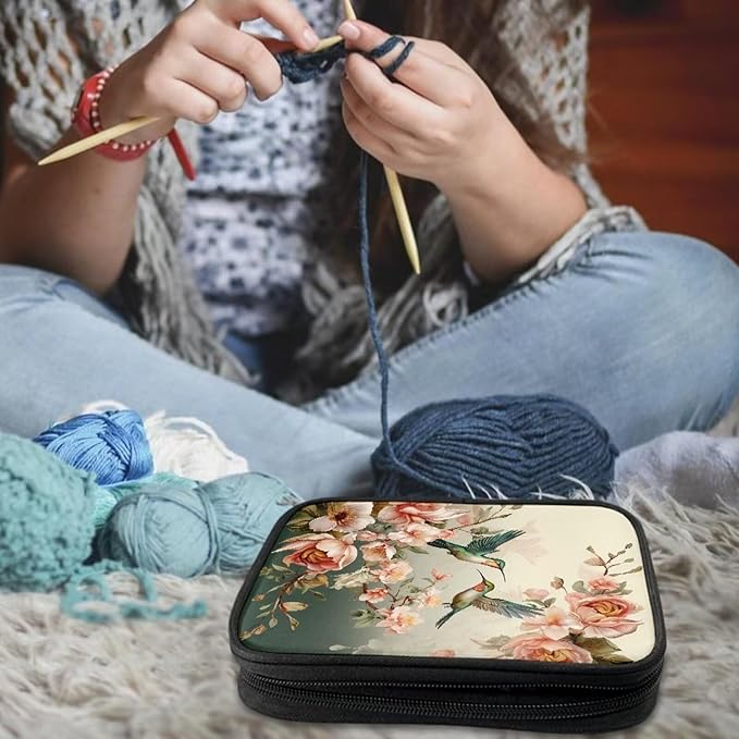 Hechitok Hummingbird Floral Hook Case, Organizer Zipper Bag with Web Pockets for Various Crochet Needles and Knitting Accessories Easy to Carry