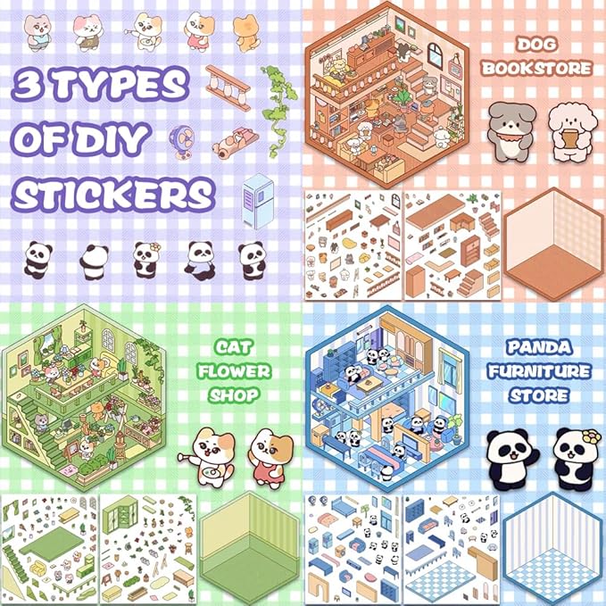 Scrapbooking Supplies Kit,DIY 3D Stickers Scene,3 Set Funny DIY Sticker Scenes,Make Your Own Cute 3D Miniature Room Scene Stickers for Adults Relief Stress Pass The Time.16-17-18