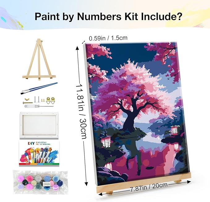 JOOZ Paint by Numbers Kit for Adults with Easel Cherry Blossom Tree Paint by Number with Frame Lake Scenery Adult Paint by Number Kits Oil Painting by Numbers for Gift Home Wall Decor 8x12 Inch