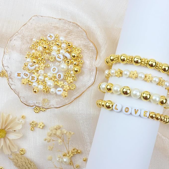 Hpebl 1040PCS Pearl Beads Kit - White, Gold, Small Pearl Beads for Bracelets & Jewelry Making for Adult