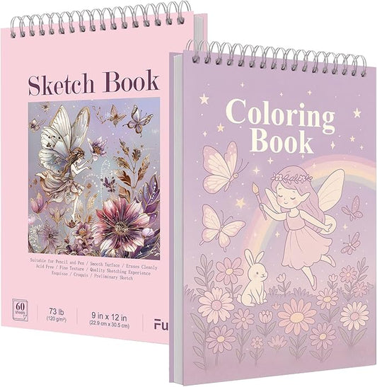 fuxi coloring books for girls, 60 sheets (73lb/120gsm) blank sketch book + 50 designs blank coloring book, stocking stuffers for kids 8-12 girls.