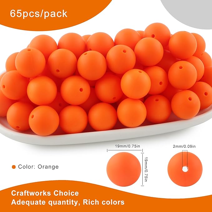 65Pcs 19mm Silicone Beads for Keychain Making Bracelet Necklace, Bulk Round Silicone Beads for Pens(Orange)