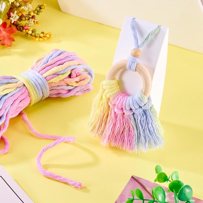 21.87 Yards Rainbow Single Strand Macrame Cord 3.5mm Gradient Colored Cotton Cord Colorful Twine Bohemia Soft Cotton Rope Yarn for DIY Crafts Knitting Crochet Wall Plant Hanger Home Project