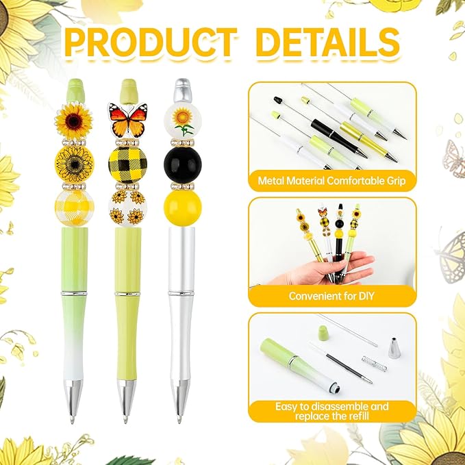 12 Set Sunflower Theme Plastic Beadable Pens DIY Set, Assorted Bead Pens Crystal Round Spacer Set Black Ink DIY Ballpoint for Teachers, Women Men Gift Office Supplies