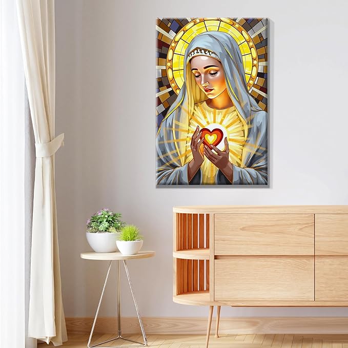 JOOZ Virgin Mary Paint by Numbers Kit for Adults with Frame Religion Paint by Number with Easel Adult Paint by Number Kits Framed Canvas Oil Painting Kits for Home Wall Decor 8x12 Inch