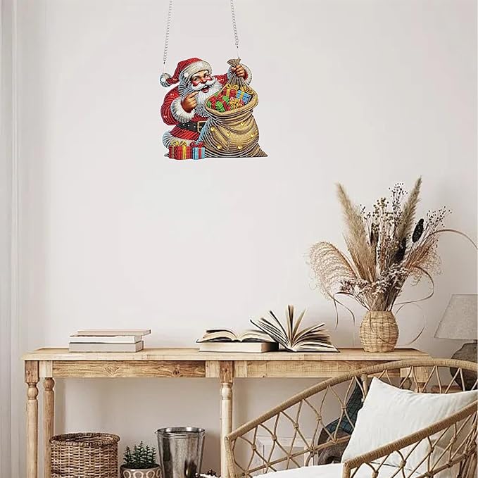 TDFERAN Diamond Painting Hanging Pendants 12x20cm Santa Claus DIY Crystal Rhinestone Wreath Christmas Diamond Art Ornaments Skeleton Crystal Diamond Art Window Pendants Home Garden Wall Door