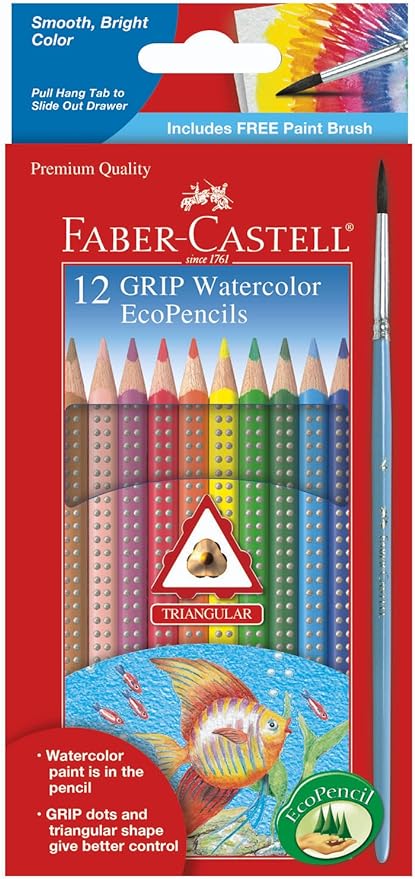 Faber-Castell Grip Watercolor EcoPencils: 12 Watercolor Pencils with Brush, Color Pencil Set, Art Supplies for Kids