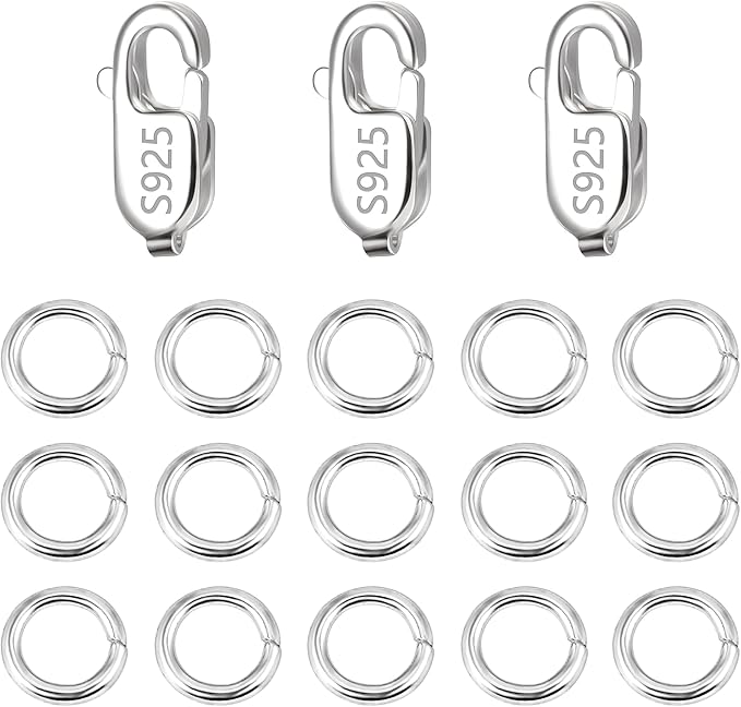 925 Sterling Silver Jewelry Making Lobster Claw 10mm, 23PCS Italian Rectangle Trigger Clasps with Open Jump Rings Set, Small Necklaces Bracelet Connector Clasp Supplies Silver Jewelry Finding Set