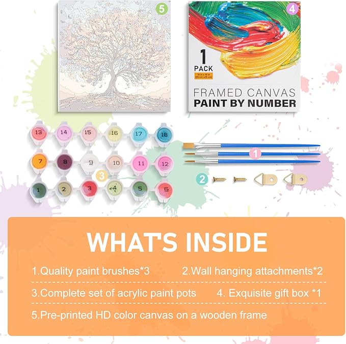 Framed Paint by Numbers Kit for Adults Beginners & Kids Ages 8-12, Tree of Life Acrylic Easy Paint by Number with Frame, Watercolor Paint by Number Kits on Canvas Framed (10 * 10 Inch, Without Easel)