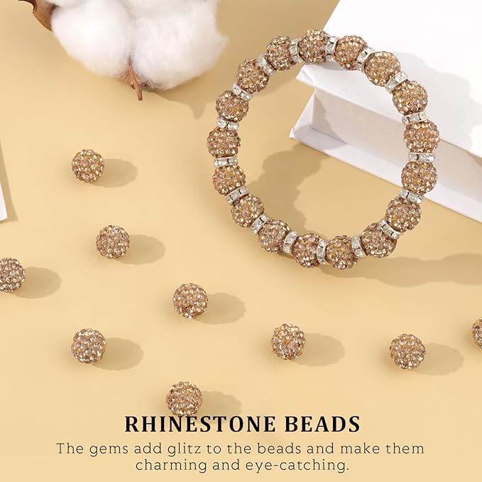 120pcs 10mm rhinestone beads for jewelry making, light brown shiny round shamballa disco ball beads, sparkle crystal clay christmas for bracelet baseball necklace earring crafting and diy
