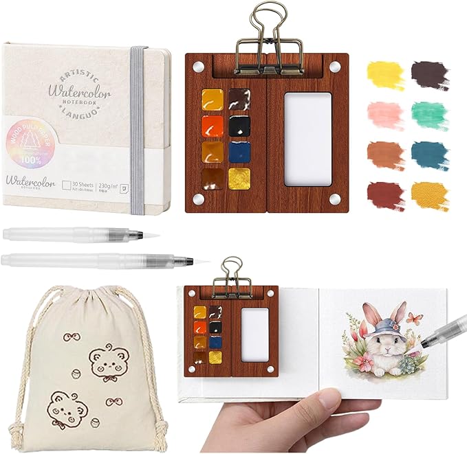 Mini Paint Palette Travel Kit - Mini Travel Watercolor Palette Set, Pocket Artist Water Color Travel Set with Colours, Watercolor Book, Clips, Pens,Wooden Paint Box for Painters Artists Student