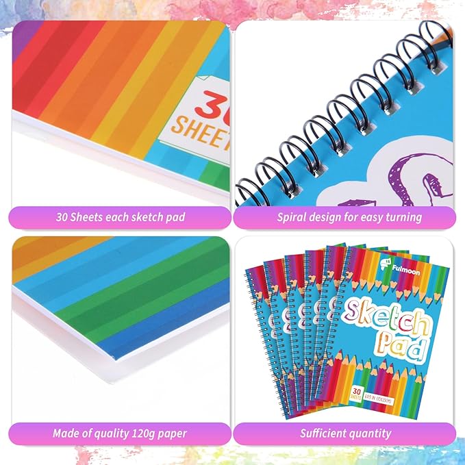Fulmoon 6 Pcs Drawing Pad for Kids 30 Sheets Drawing Paper Coloring Sketch Book Art Supplies for Adults Crayons Pencils School Office Christmas Art Supplies, 6 x 9 Inch