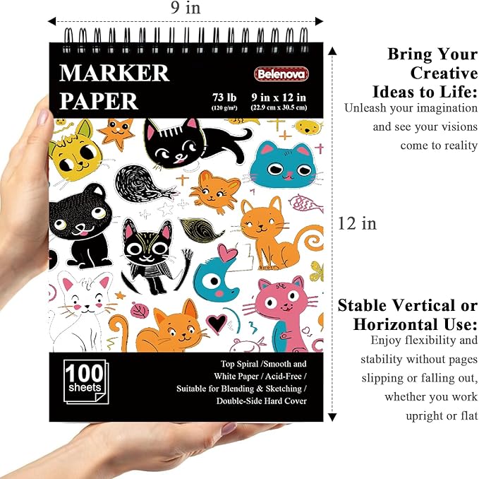 belenova 9" x 12" marker paper pad, 100 sheets bleedproof sketchbook for alcohol markers - 73lb/120gsm art supplies for drawing & coloring (kids/adults).