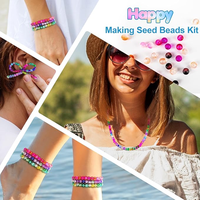 XSEINO About 1200pcs 6mm Crack Glass Beads Bracelet Making Kit,24 Assorted Colors Crack Blush Pink Series Crystal Glass Bead for Bracelet Jewelry Making,DIY Crafts,Friendship Bracelets
