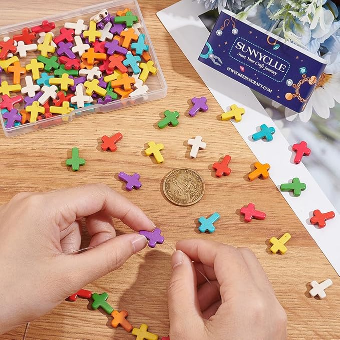 SUNNYCLUE 1 Box 100Pcs Cross Beads Bulk Small Easter Cross Beads Synthetic Magnesite Stone Crucifix Crosses White Red Blue Pocket Quilts Crucifix Charms for Jewelry Making Beading Kit Supplies