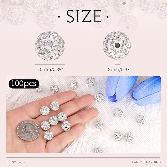 100 pcs 10mm Rhinestone Beads for Jewelry Making Crafting, White Shiny Round Disco Baseball Necklace Beads for DIY Shamballa Sparkle Crystal Clay Christmas Bracelet Earring