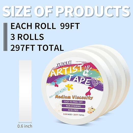 3 Packs Artist Tape Medium Tack White Art Tape for Watercolor Paper Drafting Art Painting Canvas Framing Acid Free Masking Tape- 0.6IN Wide 297FT Long Total