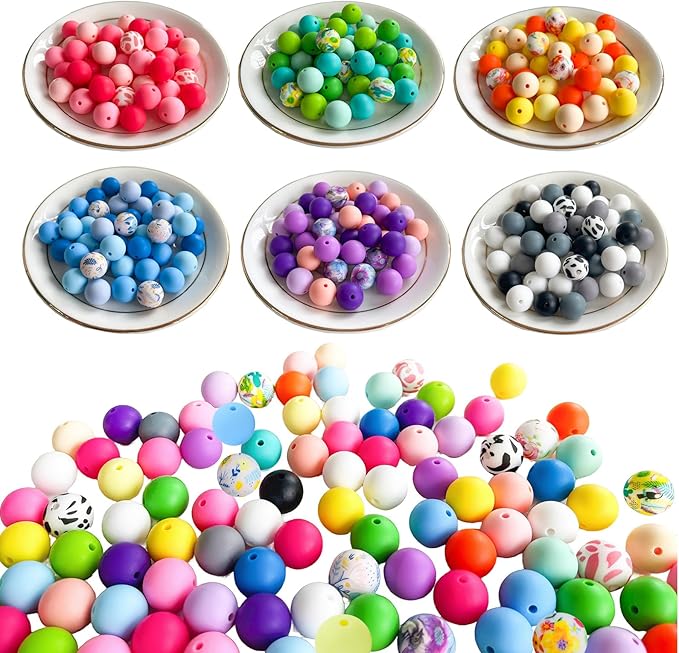 300Pcs Silicone Beads 15mm, 30 Colors 15mm Silicone Print Bead for Keychain Making, Round Rubber Beads Bulk for Pens and Bracelet Making