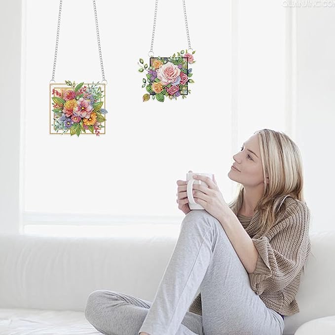 LazyFold 2 Pcs DIY Acrylic Diamond Art Painting Flowers Kits Special Shaped Rhinestone 5D Diamond Art Window Pendants Home Garden Wall Hanging Kits Hanging Ornament