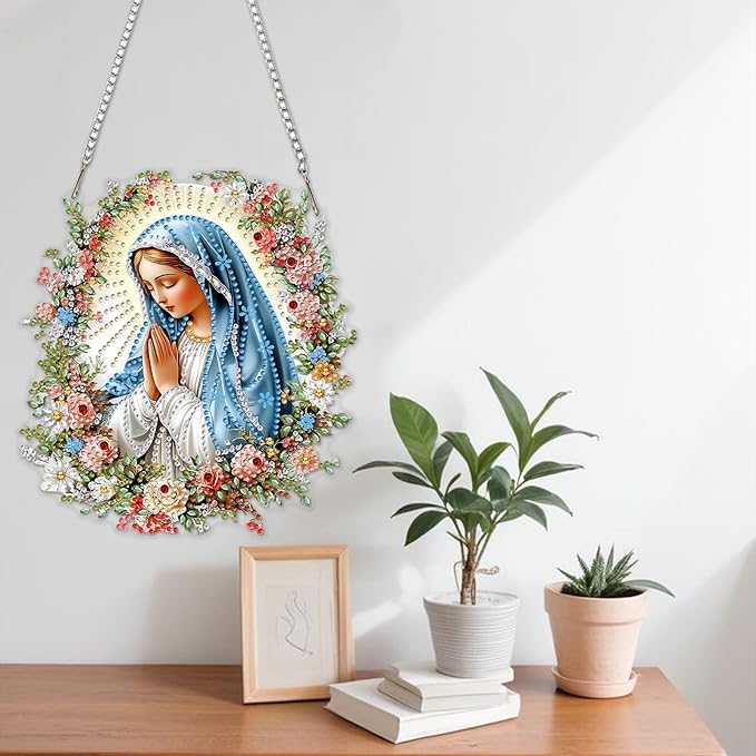 NAIMOER Diamond Art Hanging Kits for Adults Religious Virgin Mary 5D Special Shaped Rhinestone, DIY Acrylic Diamond Art Painting Window Pendants Home Garden Wall Hanging Ornament Kits, Double Sided