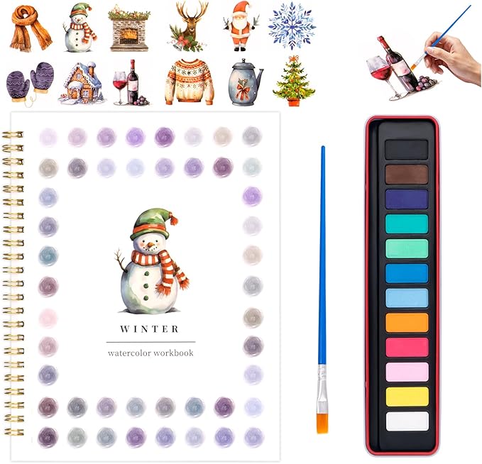 Christmas Watercolor Workbook for Adults, Beginner Friendly Watercolor Painting Kit Winter Water Coloring Book, Nature-Themed Practice Art Gift Water Color Paint Book with Palette and Brush
