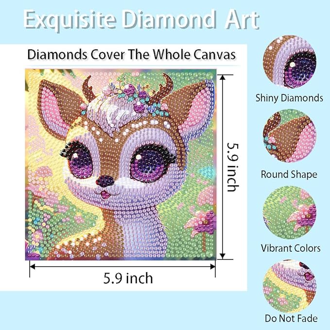 cdjlddww 4 Packs Cartoon Diamond Art Kits for Kid,5D Cute Animals Diamond Arts Mosaic Kits for Kid Beginner,DIY Full Round Drill Gem Art for Home Wall Decor Kids Present 6X6 inch(Without Frame)