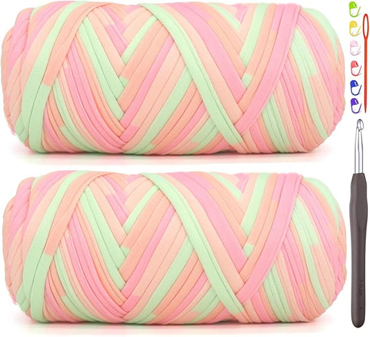 2 Pack Tshirt Yarn for Crocheting,Rainbow T Shirt Chunky Elastic Fabric Thick T-Shirt Crochet Yarn for Beginners Crocheting Hand Knitting Bag/Basket/Coasters/DIY Crafts/Home Decor 2 * 200G-Pink Green