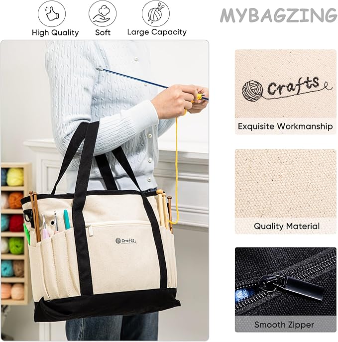 Canvas Yarn Storage Organizer Bag Washable Crochet Bag with Pockets for Yarn, Hooks, Needles – Travel Knitting Tote for Crafters – Gift for Crocheters & Knitters (Medium/Large)
