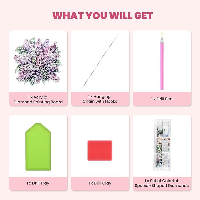 MXJSUA Lilac Flowers Diamond Art Hanging Kits for Adults Beginners, DIY Acrylic Special Shaped Crystal Diamond Gem Drills Pendant Art Painting Ornament for Home Wall Decor Gift 8x8 inch