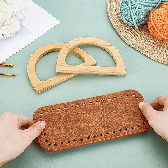 PH PandaHall Crochet Bag Making Kit, 7x3 inch Brown PU Leather Bag Bottom Bases with 2pcs 4.7x3.3 inch D Shape Wooden Handles Purse Handle for DIY Knitting Bags Handbag Shoulder Bags Making