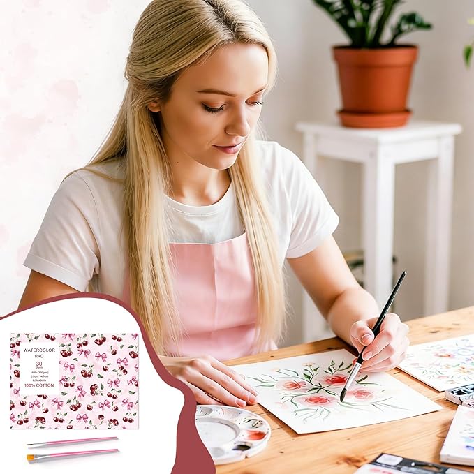 30 Sheets Watercolor Paper Pad with 2 Pcs Watercolor Brush, 140lb/300GSM Water Color Paper 8.3inx5.8in, Cold Pressed Tearable Water Color Sketchbook for Painting