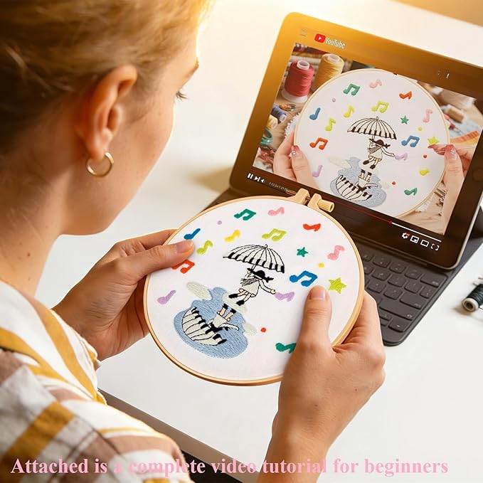 Hand DIY Embroidery Kits for Beginners Adults, Cute Crewel Embroidery Art Kits, Stamped Cross Stitch Kits for Beginners Adults Craft Kits for Women, Entire Set of Embroidery Supplies & Video Tutorial