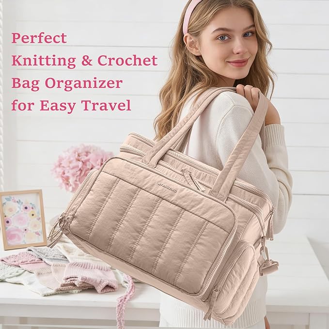 MYBAGZING Large Knitting & Crochet Bag Organizer for Yarn Storage, Double-Layer Knitting Project Bag with 6 Grommets, Yarn Organizer Tote for Knitting Supplies Crochet Hooks & Accessories Gift for Mom