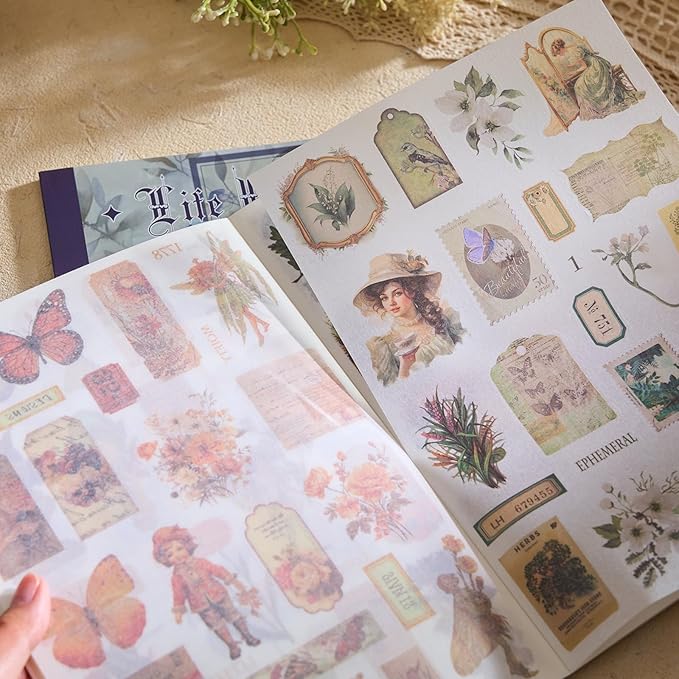 550+ Aesthetic Scrapbook Stickers, Vintage Stickers for journaling Butterfly Plant Flower Nature Washi Sticker Book for Adults, Junk Journal Supplies for DIY Art Collage Album Scrapbooking Planner