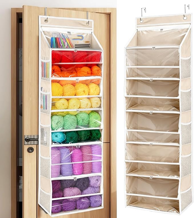 Hanging Yarn Storage Organizer, Large Capacity Over the Door Yarn Organizer with 6 Clear Zipper Pockets 10 Mesh Side Bags, Hanging Yarn Holder Knitting Storage Bag for Crochet Hooks, Beige