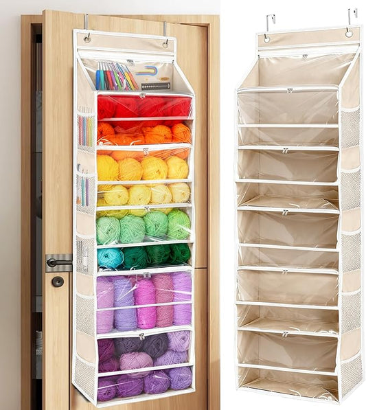 Hanging Yarn Storage Organizer, Large Capacity Over the Door Yarn Organizer with 6 Clear Zipper Pockets 10 Mesh Side Bags, Hanging Yarn Holder Knitting Storage Bag for Crochet Hooks, Beige