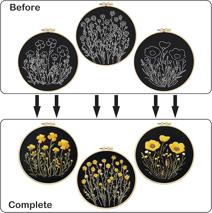 57lilina embroidery kit for beginners, pack of 3 with hoops, threads, needles - starter cross stitch supplies for adults, gift for relaxation craft lovers, flower theme