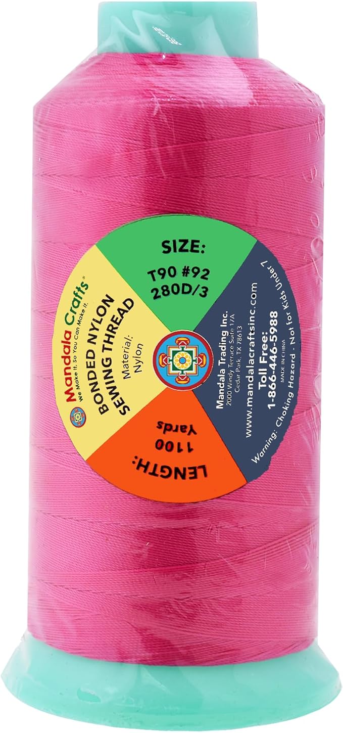 Mandala Crafts Size 92 280D T90 Bonded Nylon Thread - Hot Pink 1100 YDs Tex 90 Heavy Duty Sewing Threads for Leather, Jeans, Weaving, Outdoor Marine Upholstery