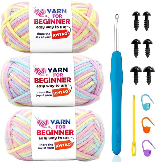 3 Pack Beginners Crochet Yarn Rainbow Cotton Crochet Yarn for Crocheting Knitting Beginners Crochet Kit with Easy-to-See Stitches Cotton-Nylon Blend-Variegated Mix 02