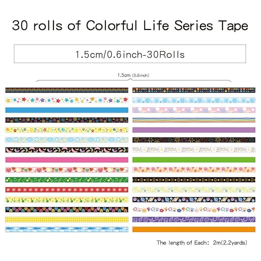 30 Rolls Colorful Theme Washi Tape Set with Different Colorful Patterns, Writable Decorative Tapes for Scrapbooking, Junk Journal Supplies, Bullet Journaling, 0.6'' x 79'' per Roll