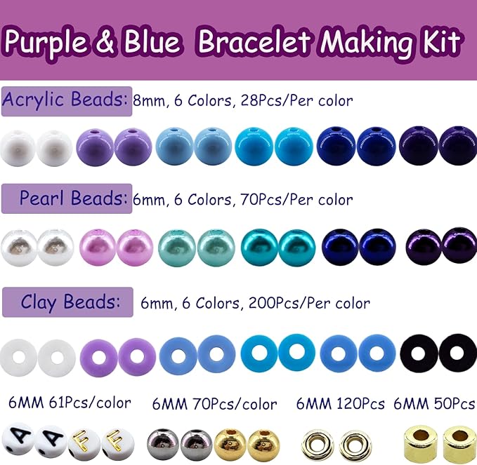 2220pcs Purple Blue Polymer Clay Beads Assorted Pearl Acrylic Round Heishi Flat Round Letter Silver Gold Spacer Beads for Friendship Bracelet Necklace Jewelry Making
